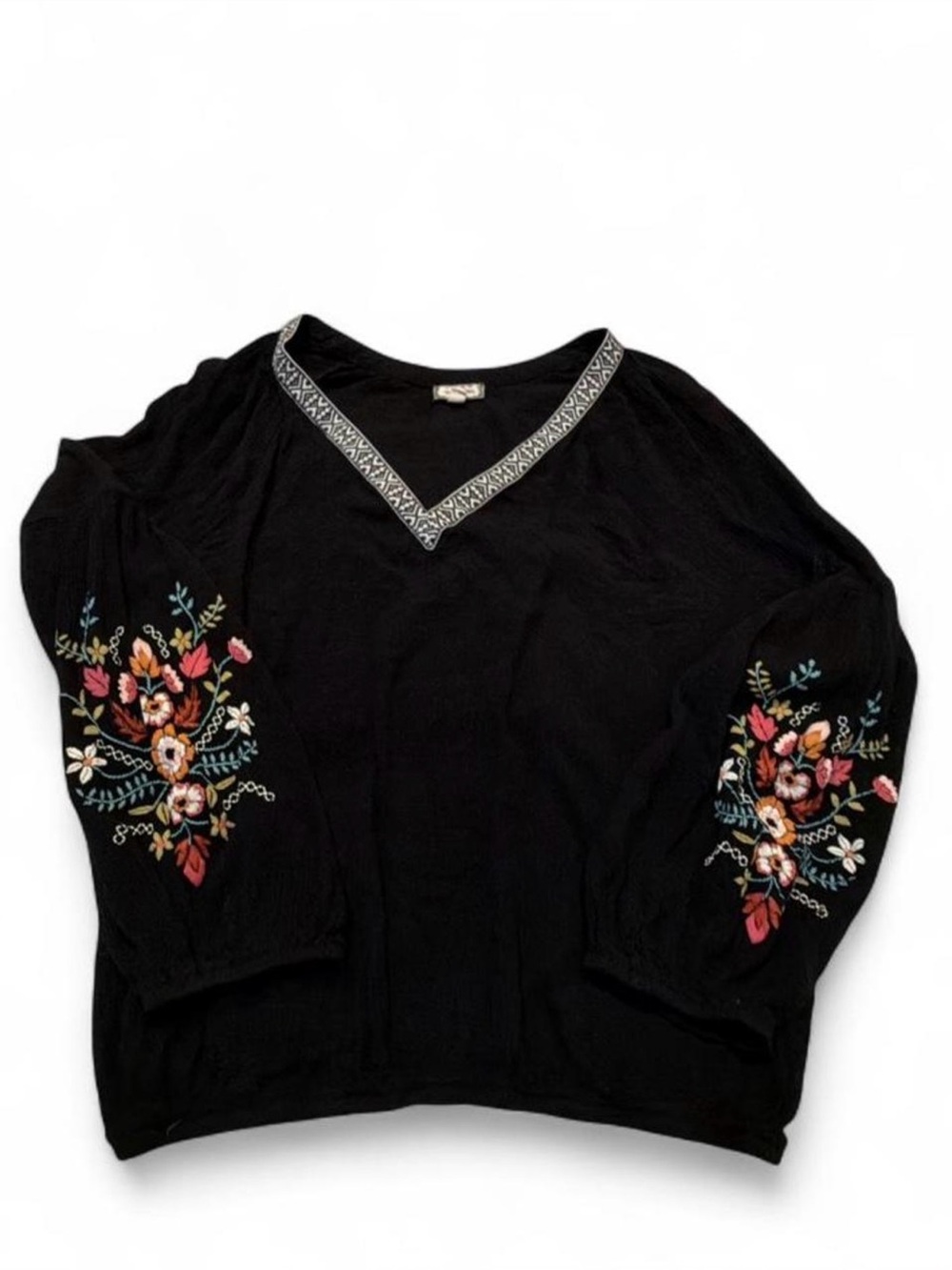 Black Boho Top with Floral Embroidered Sleeves